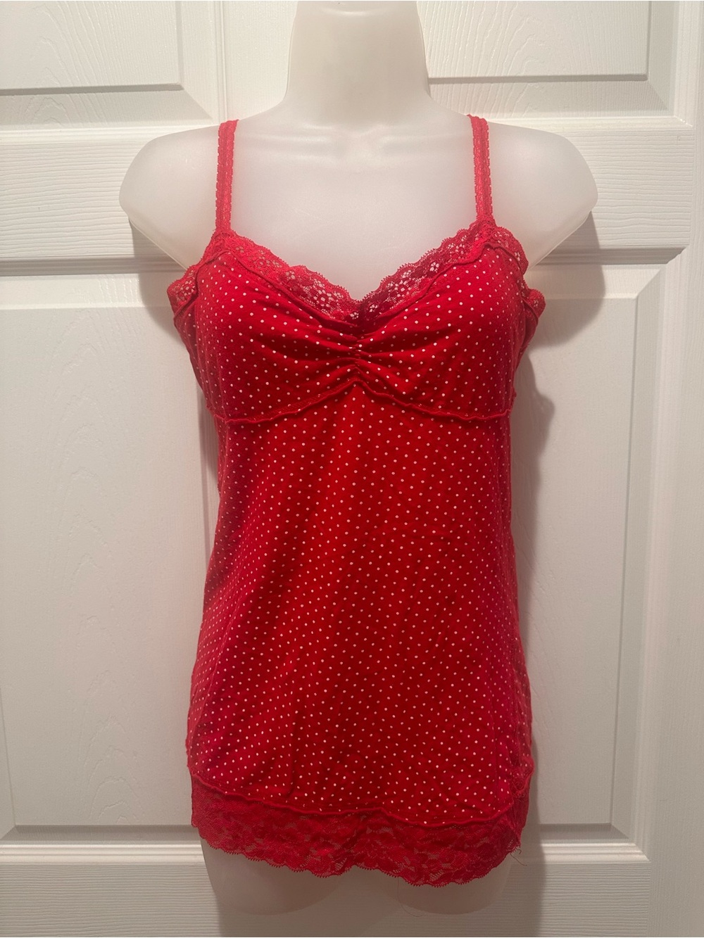 Vintage Y2K Forever 21 Red Polka Dot Lace Cami Ruched Coquette Top L Pinup Lace